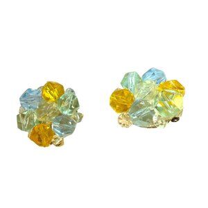 Vintage Yellow Blue Pastel Faceted Cluster Clip-On Earrings Marked W. Germany